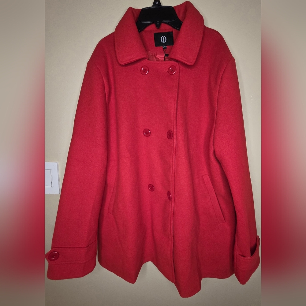 OI Women's Fashionable Red Double Breasted Wool Pea Coat Size 2XL